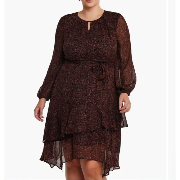 Estelle Camilla Print Tie Waist Long Sleeve Chiffon Dress Black Walnut 22W nwt - Picture 1 of 6